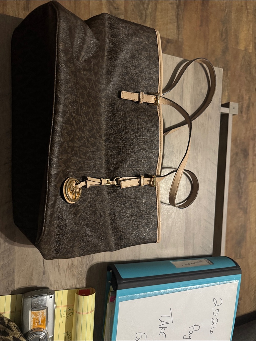 Michael Kors Dark Brown Monogram Tote with Gold Hardware